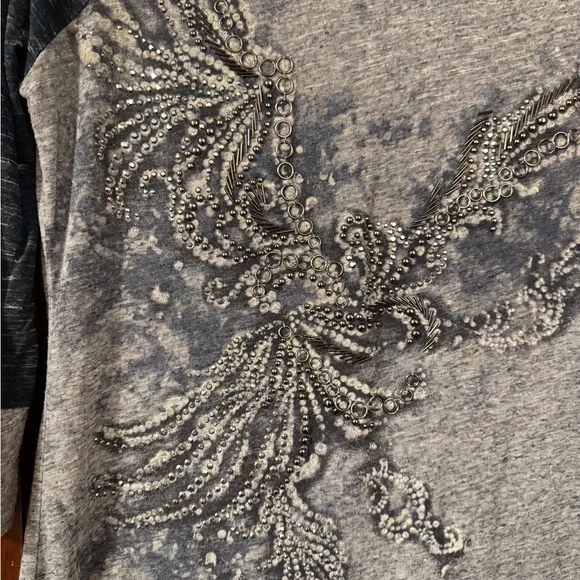 Miss Me Dark Gray and Light Gray Beaded Long Sleeve Top - Picture 2 of 6